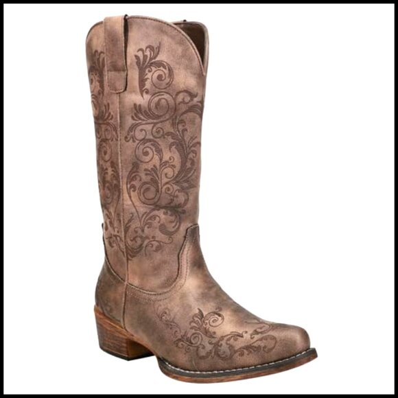 Faux Leather Embroidered Snip Toe Mid Calf Boots Low Heel Western Style - Picture 2 of 5